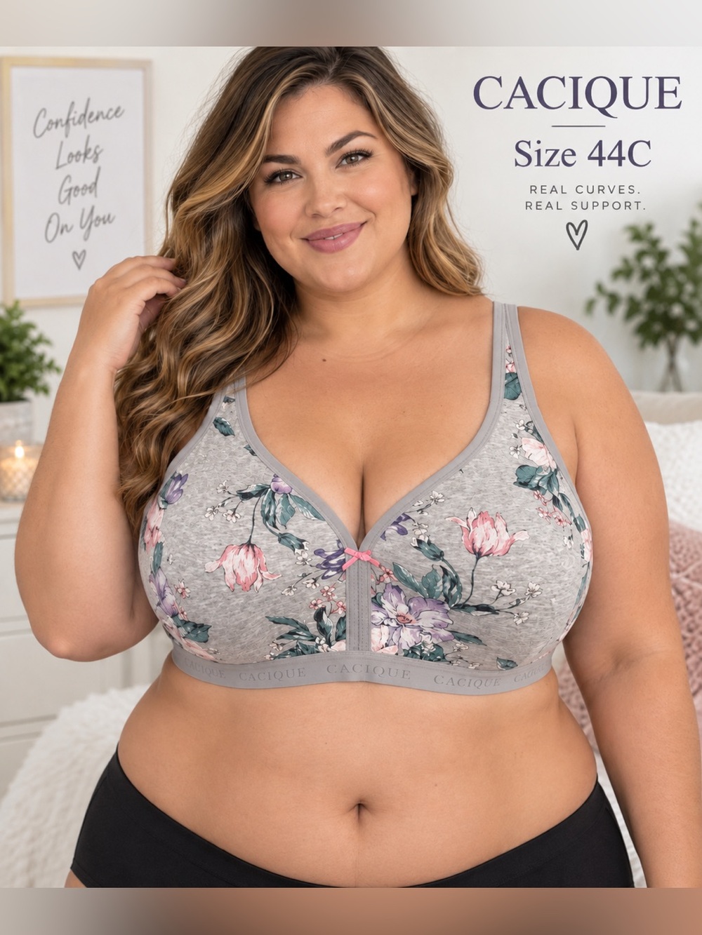 Cacique Floral Wire-Free Full Coverage Bra Size 44C Gray Pink Purple